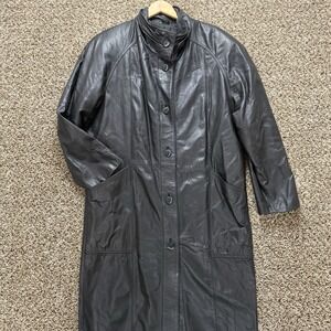 Pelle New York Milano M Black Leather Coat Collar Longline Button‎ Trench VTG